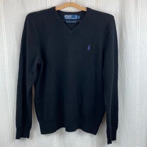 Polo by Ralph Lauren Men’s Black V Neck Lambswool Long-Sleeve Sweater Size Large